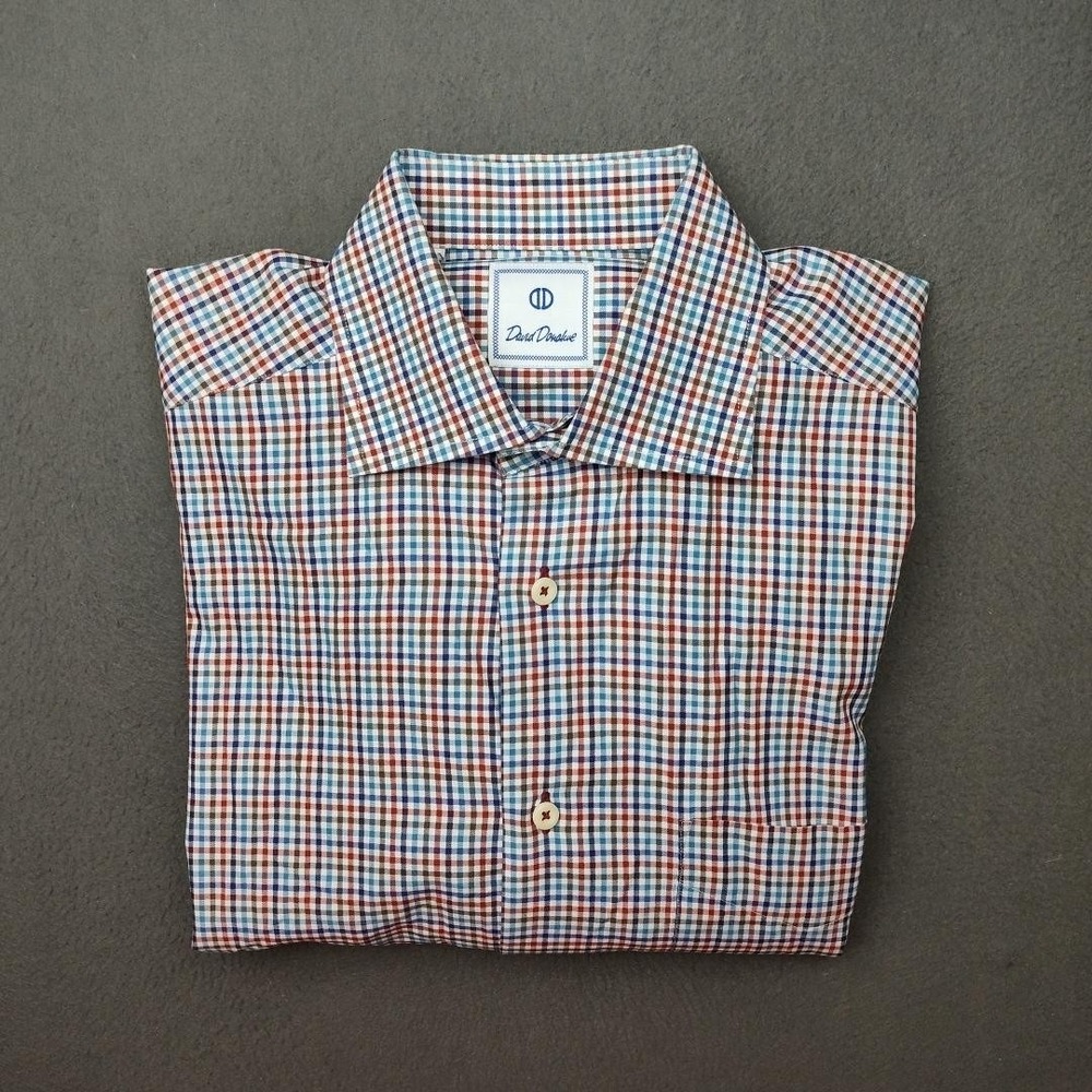 David Donahue Shirt Mens Medium Brown Blue White Check Plaid Button Down Cotton